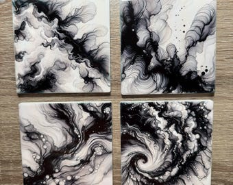 Black and White Alcohol Ink Design Ceramic Coasters - Set of 4