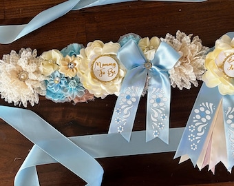Blue and ivory Floral Baby Shower Sash, Cielito Lindo Maternity Photo Prop