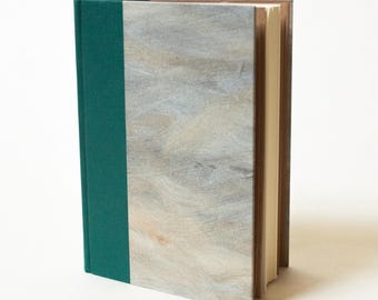Handmade Blank Page Book, Jade Cloth Spine, Paste Paper Cover, Mustard Brown End Sheets