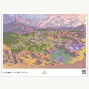 May include: A landscape art print titled Legendary Landscape of the Past featuring a sprawling fantasy map with a central castle, winding rivers, rocky terrain, and a figure in the foreground. The scene includes a Triforce symbol and text.