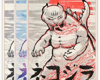 Nekojira Japanese Woodcut (Mokuhanga) Style Riso Art Print