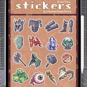 32 Supernote + Goodnotes-klistermärken - Handritade digitala klistermärken med e-bläck och färg - Bordspel med RPG-tema, fantasy, vol. 1: Vapen och föremål