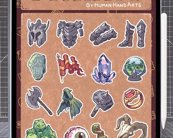 32 Supernote + Goodnotes Stickers - Hand-drawn E-Ink and Color Digital Stickers - Tabletop RPG Fantasy-themed Vol. 1: Weapons and Items