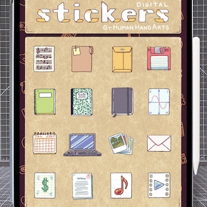 May include: Digital stickers displayed on a tablet, featuring various hand-drawn icons. The stickers include musical notes, envelopes, notebooks, a floppy disk, and a laptop. The text "DIGITAL STICKERS" and "BY HUMAN HAND ARTS" are displayed at the top.