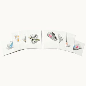 8 Miniaturas Riso de Asteroides Desenhadas à Mão - Desenhos Geológicos de Ficção Científica de Rochas