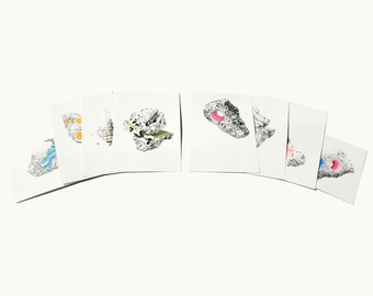 8 Hand-Drawn Asteroid Riso Mini Prints - Geological Sci-Fi Rock Drawings