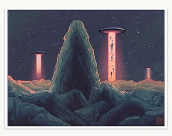 Original Science Fiction Digital Print - Mysterious UFO Resource Extraction - "View of Collectors From the Western Pillar"