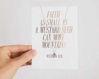Faith as small as mustard seed can move mountains gold necklace amber bead gold foil 4x6 card