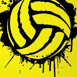 Könnte beinhalten: Schwarz-weißer Volleyball-Aufkleber an einer leuchtend gelben Wand. Der Aufkleber hat einen Spritzeffekt um den Volleyball herum.