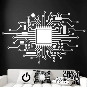 Technology Wall Decal - Circuit Board Wall Sticker Binary Code Computer Engineer STEM Wall Sticker Gamer Cyber Security Decal by Wallagio