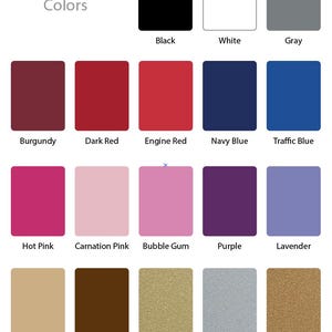 Puede incluir: Una carta de colores que muestra una variedad de muestras de color. La carta incluye colores como negro, blanco, gris, borgo&ntilde;a, rojo oscuro, rojo vivo, azul marino, azul tr&aacute;fico, rosa fuerte, rosa clavel, chicle, morado, lavanda, marr&oacute;n, oro, gris plata y cobre.