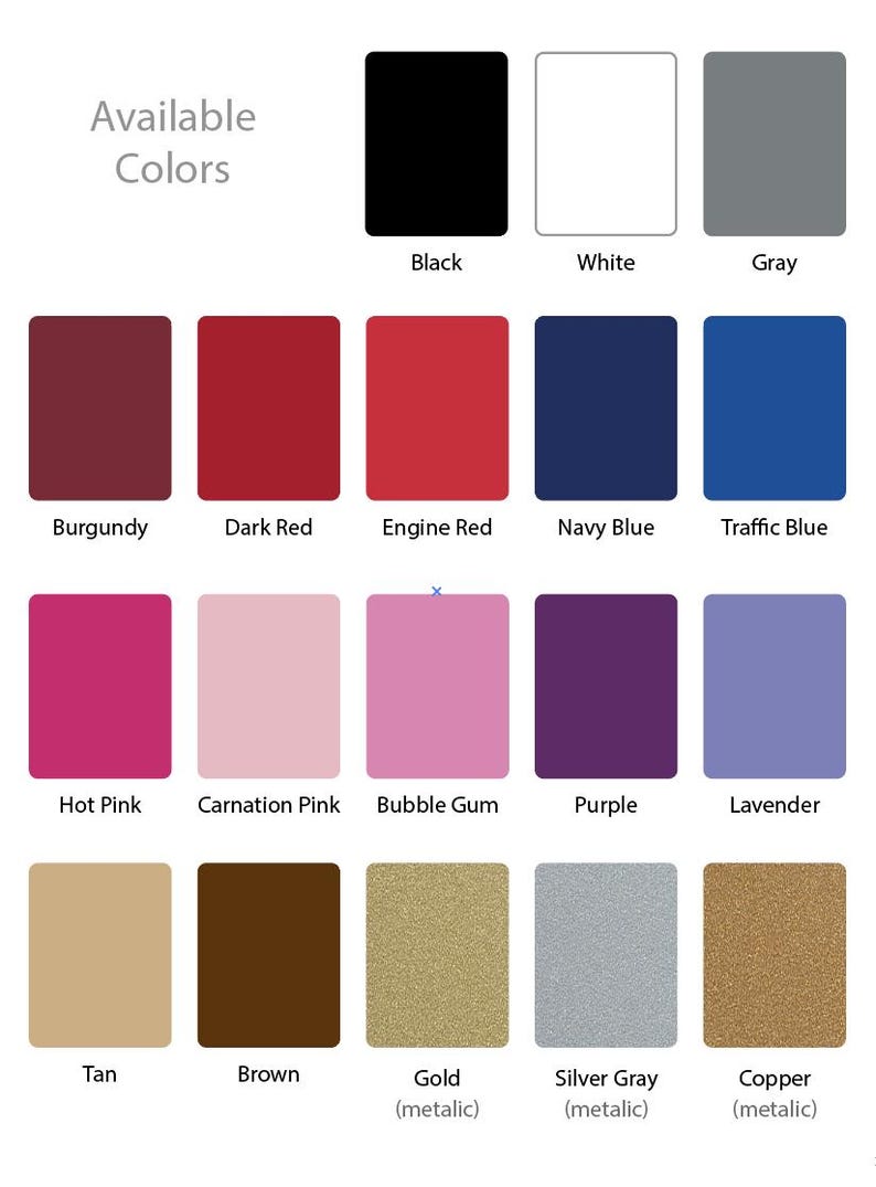 Puede incluir: Una carta de colores que muestra una variedad de muestras de color. La carta incluye colores como negro, blanco, gris, borgo&ntilde;a, rojo oscuro, rojo vivo, azul marino, azul tr&aacute;fico, rosa fuerte, rosa clavel, chicle, morado, lavanda, marr&oacute;n, oro, gris plata y cobre.