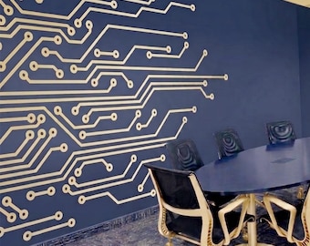 May include: A modern conference room with a blue wall featuring a circuit board design in beige. A round blue table and black chairs with gold legs are in the center. The floor has a blue and gray pattern.