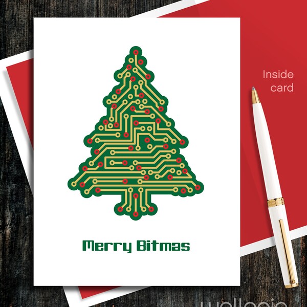 Merry Bitmas Circuitboard Christmas Tree Greeting Card - Circuit Board Navidad Gamer Engineer Electrician Coder Science Gamer  by Wallagio