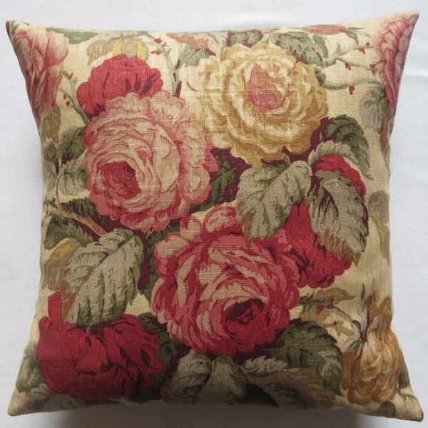 Handmade Limited Edition Cushion Cover 14" x 14" - Vintage Ralph Lauren Eleanor Floral Khaki Fabric, Brown Linen Effect Chenille Reverse