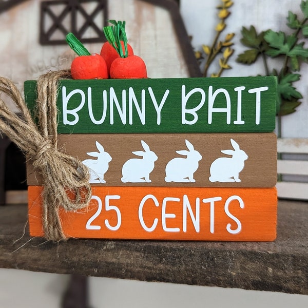 Bunny Bait Easter Mini Wood Book Stack, Easter Themed Book Stack Tier Tray Decor, Shelf Sitter Faux Books, Fake Wood Book, Bunny Kisses