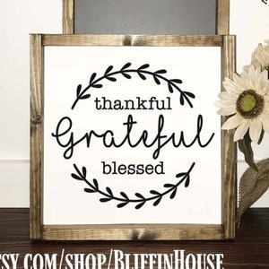 Laurel Leaf Thankful Grateful Blessed Rustic Wood Sign, Multiple Sizes and Colors Available, Farmhouse Decor, Rustic Decor, Handpainted Sign