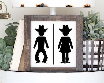 Cowboy Cowgirl Bathroom Sign: Rustic Western Decor