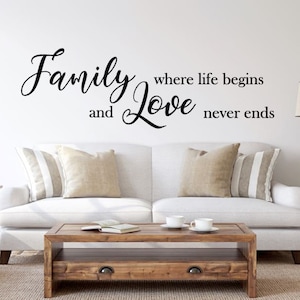 Family Wall Decal, Family Where Life Begins and Love Never Ends Vinyl Wall Sticker, Family Wall Quote, Love Wall Quote, Quote Wall Sticker