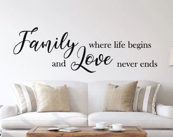 Family Wall Decal, Family Where Life Begins and Love Never Ends Vinyl Wall Sticker, Family Wall Quote, Love Wall Quote, Quote Wall Sticker