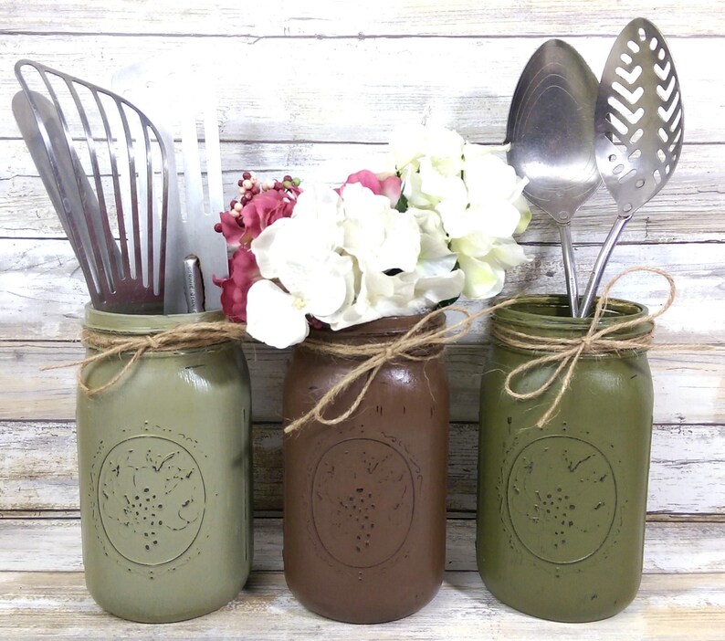 2 Fall Farm Painted Mason Jar Utensil Holders Rustic Decor Farm Decor Wedding