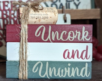 Wine Mini Wood Book Stack, Wine Themed Book Stack Tier Tray Decor, Shelf Sitter Faux Books, Uncork & Unwind, Wine Lover Decor, Wine Gift