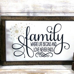 Family Where Life Begins And Love Never Ends Rustic Wood Sign / Farmhouse Sign / Handpainted Sign / Family Sign / Farmhouse Decor / Framed