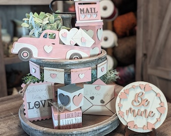 Rustic Soft Pink Valentine&#39;s Tiered Tray Bundle, Delivering Love Tier Tray Decor, Valentine&#39;s Day Decor, Mini Valentine Signs