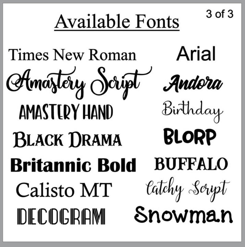 Puede incluir: Una lista de fuentes disponibles para un proyecto de dise&ntilde;o. Las fuentes se muestran en texto negro sobre fondo blanco. Las fuentes incluyen Times New Roman, Arial, Amastery Script, Andora, Birthday, BLORP, Britannic Bold, Buffalo, Calisto MT, Catchy Script, Decogram y Snowman.