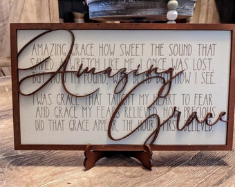 Amazing Grace Lyrics Wall Decor or Table Top Decor, Laser Cut Hand Painted Wood Wall Decor, Amazing Grace Layered Sign, Sympathy Gift