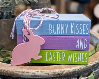Easter Mini Wood Book Stack, Easter Themed Book Stack Tier Tray Decor, Shelf Sitter Faux Books, Bunny Kisses & Easter Wishes, Fake Wood Book