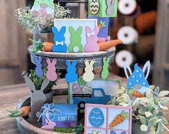 Easter Tier Tray Decor Set, Pastel Colored Easter Tiered Tray Bundle, Mini Easter Signs, Easter Decor, Bunny Decor, Easter Gnomes, Blocks