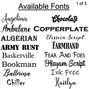 Puede incluir: Una lista de fuentes disponibles para usar en un proyecto de dise&ntilde;o. Las fuentes se muestran en texto negro sobre un fondo blanco. Las fuentes incluyen: Angelina, Chocolate, Ambulane, COPPERPLATE, ALGERIAN, Elisscia Script, ARMY RUST, FARMHAND, Baskerville, FEAR AND FOES, Bookman, Hisyam Script, Ballerina, Chiller, Ink Free y Kaitlyn.