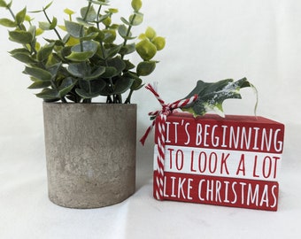 Mini Wood Book Stack, Christmas Book Stack Tier Tray Decor, Shelf Sitter Faux Books It's Beginning To Look A Lot Like Christmas
