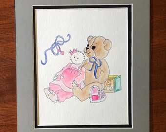 Nursery art, ink and watercolor picture