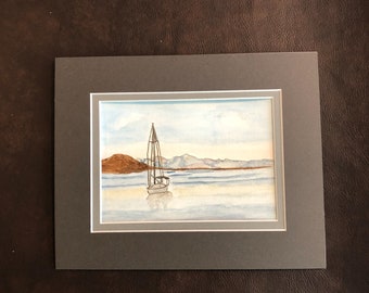 Lone sailboat. Original watercolor painting 5x7