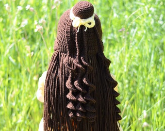 Gorro de princesa Bella, gorro de princesa de crochet, peluca de hilo, gorro de disfraz