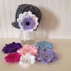 Crochet flowers, button on flowers, hat flowers