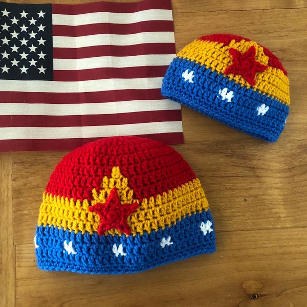 Crochet Wonder Woman Hat, super hero beanie, patriotic, wonderwoman