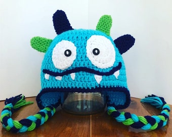 Crochet Monster Earflap Hat, kids earflap hat, monster hat, winter hat, halloween hat