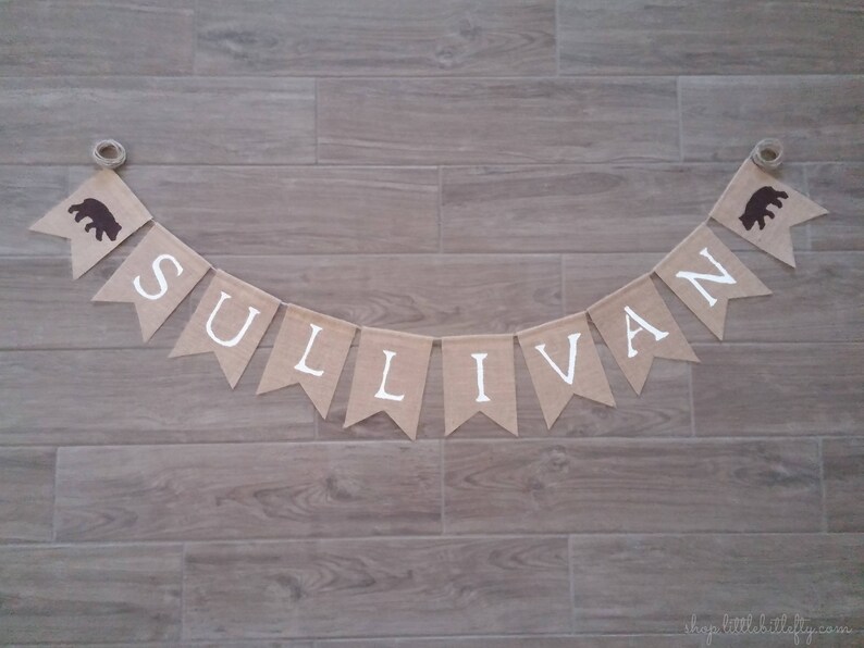 Burlap Banner Bunting Custom Personalized Name Banner Woodland First Birthday Woodland Nursery Woodland Banner Woodland Shower Decor
