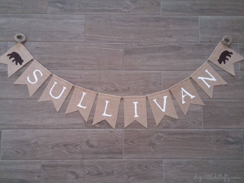 Burlap Banner Bunting Custom Personalized Name Banner Woodland First Birthday Woodland Nursery Woodland Banner Woodland Shower Decor