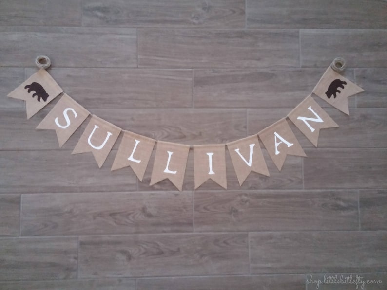 Burlap Banner Bunting Custom Personalized Name Banner Woodland First Birthday Woodland Nursery Woodland Banner Woodland Shower Decor