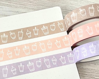 Boba Washi Tape | Bubble Tea Washi Tape 10m | black milk tea, strawberry milk tea, taro milk tea