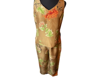 Conjunto de pantalón y chaqueta vintage de 2 piezas, 100% seda, con estampado floral y crisantemos marrones, estilo bohemio.