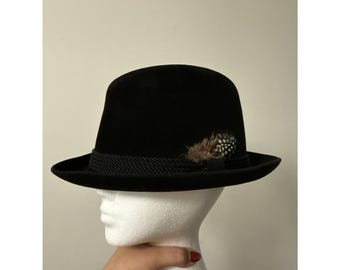 VTG Dobbs Fifth Avenue Velour Black Fur Felt Rope Band Fedora Hat 7 1/8 Mad Men
