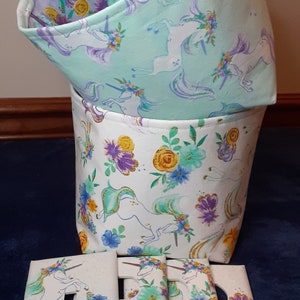 Your choice: Set of unicorn fabric storage baskets and/or unicorn switchplates, unicorn nursery organization, woodland storage baskets image 2