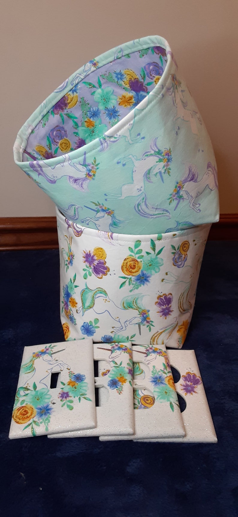 Your choice: Set of unicorn fabric storage baskets and/or unicorn switchplates, unicorn nursery organization, woodland storage baskets image 2
