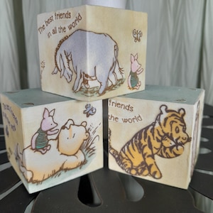 Winnie the Pooh  2&quot; solid wooden  fabric covered stacking blocks, Eeyore Tigger wooden blocks, Piglet shelf table top decor, baby  gift