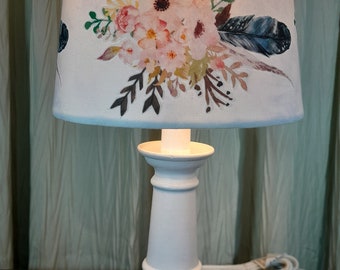 Boho floral / feather accent Nursery lamp, pink and coral Floral Accent table lamp, boho blue feather and Floral lamp, baby girl lamp